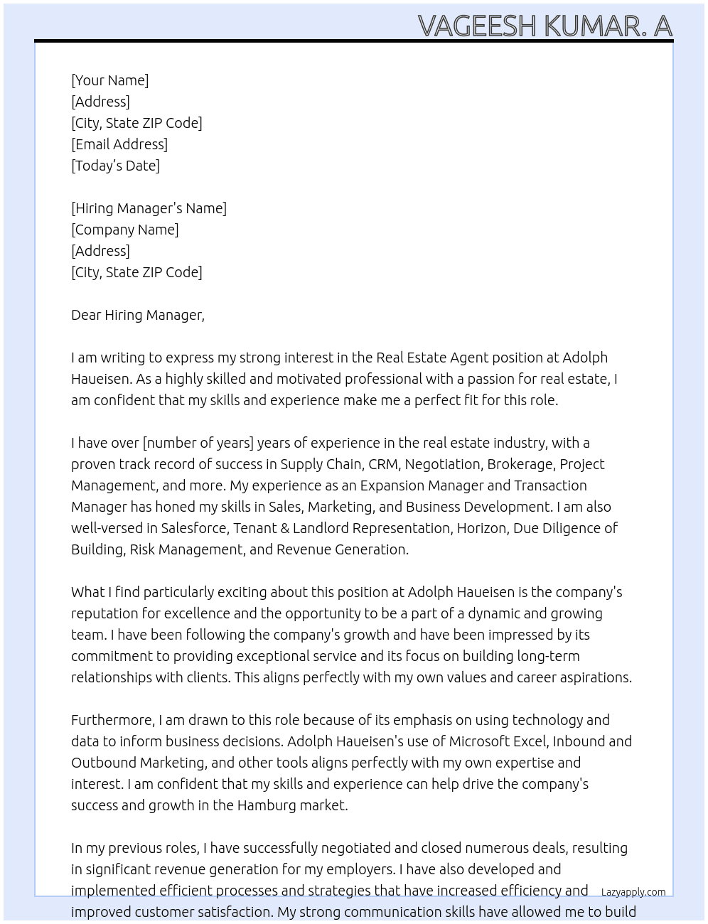 Real estate agent At Adolph Haueisen Cover Letter