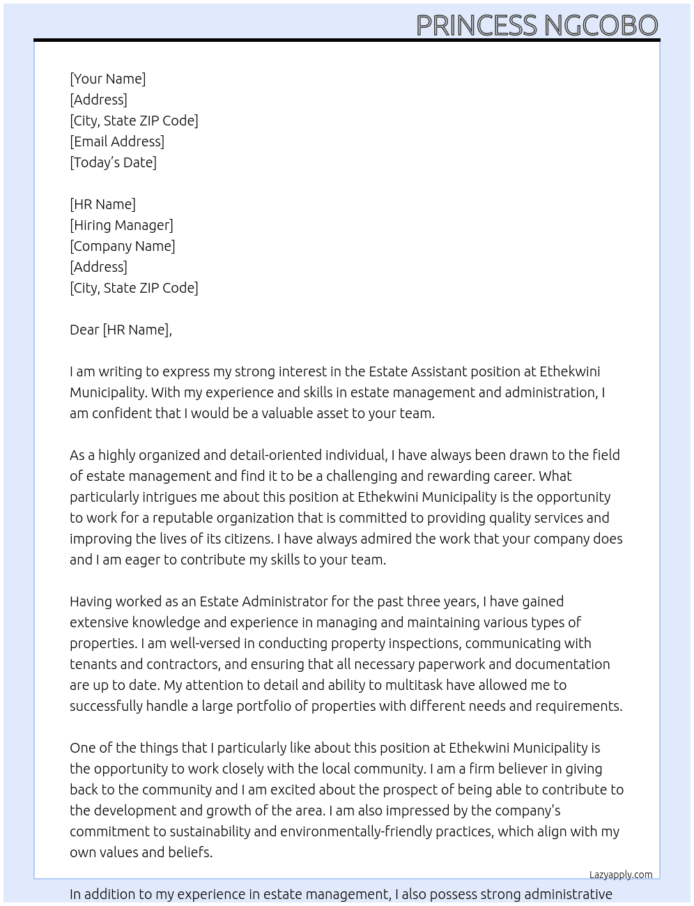 estate assistant At ethekwini municipality Cover Letter