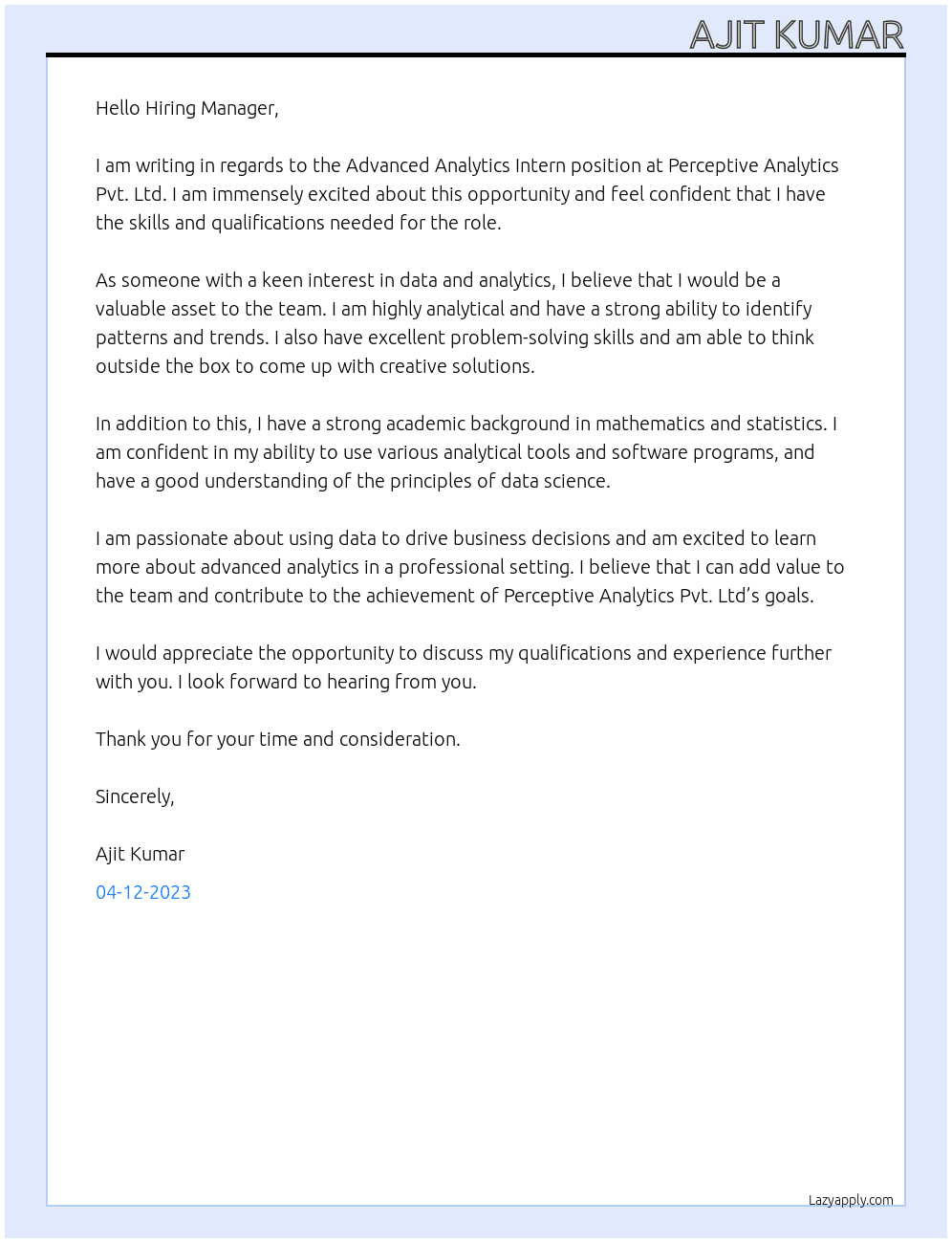 Advanced Analytics Intern At Perceptive Analytics Pvt. Ltd. Cover Letter