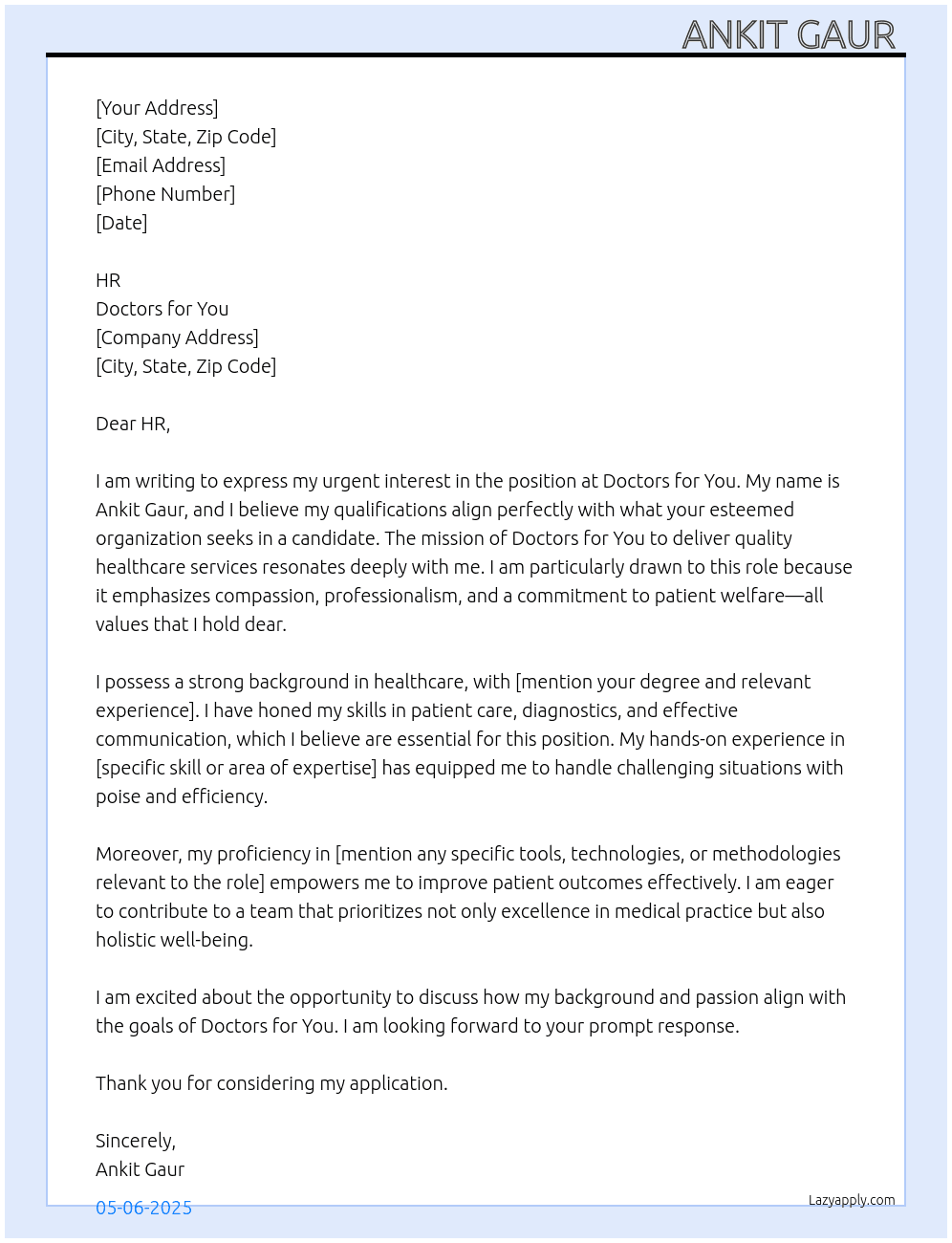 Doctors for you  At Doctors for you  Cover Letter