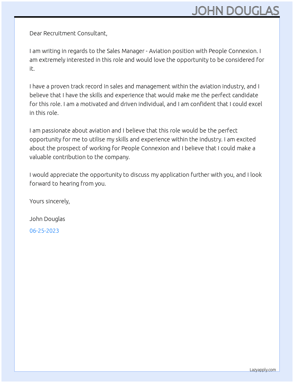 Sales Manager - Aviation At People Connexion Cover Letter