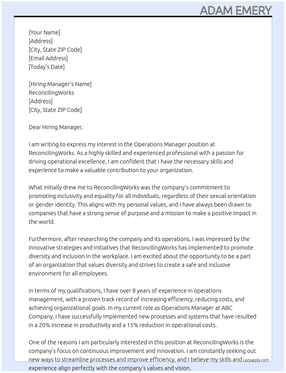 operations manager At ReconcilingWorks Cover Letter