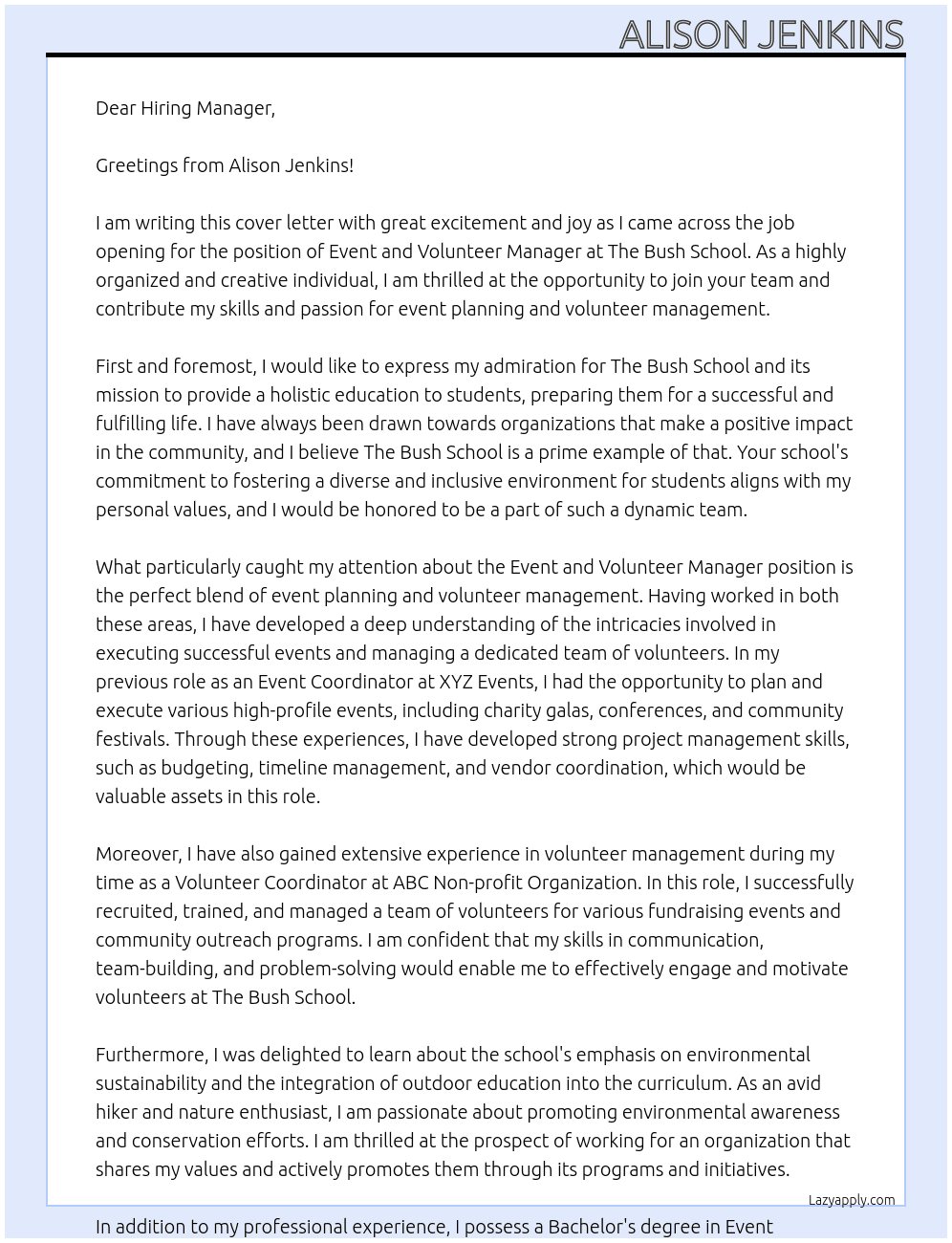 Event and Volunteer Manager At The Bush School Cover Letter