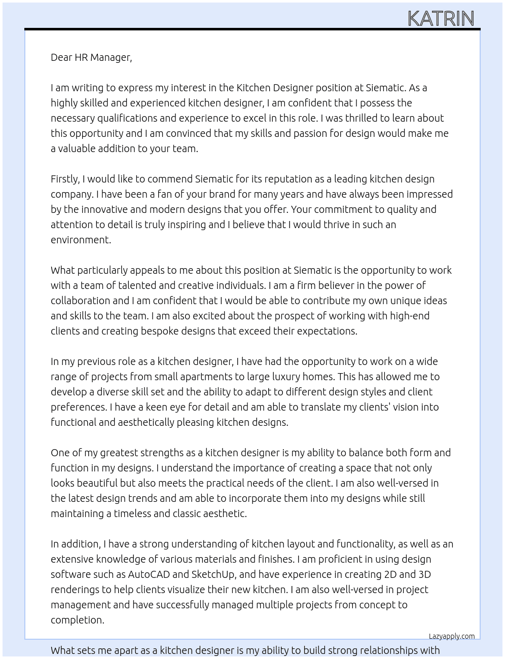 kitchen designer At Siematic Cover Letter