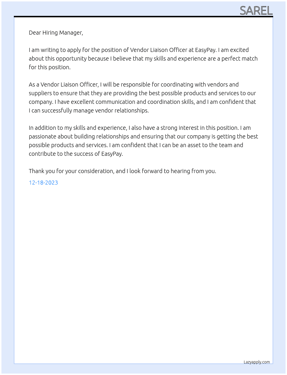 Vendor Liaison Officer At EasyPay Cover Letter