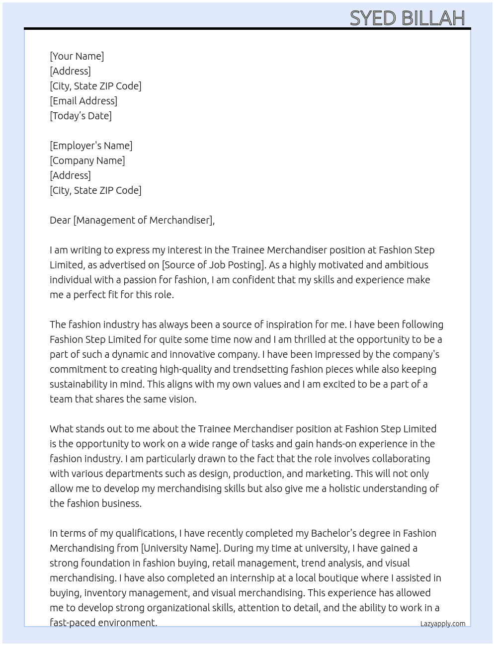 trainee merchandiser At Fashion Step Limited  Cover Letter