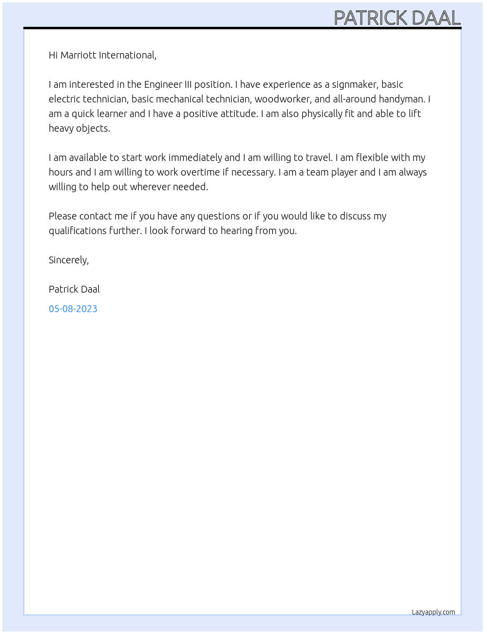 Engineer III  At Marriott International Cover Letter