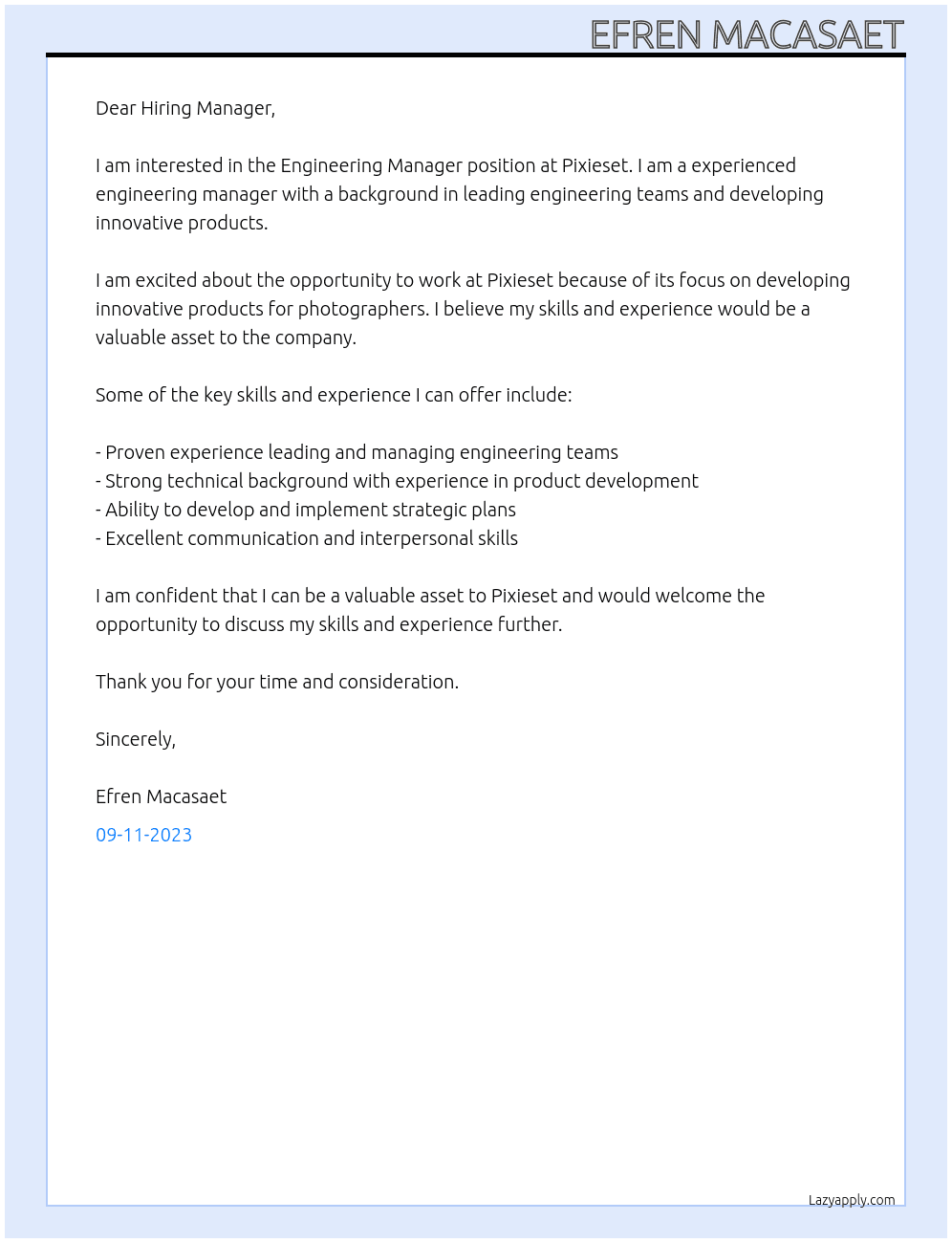 Engineering Manager At Pixieset Cover Letter