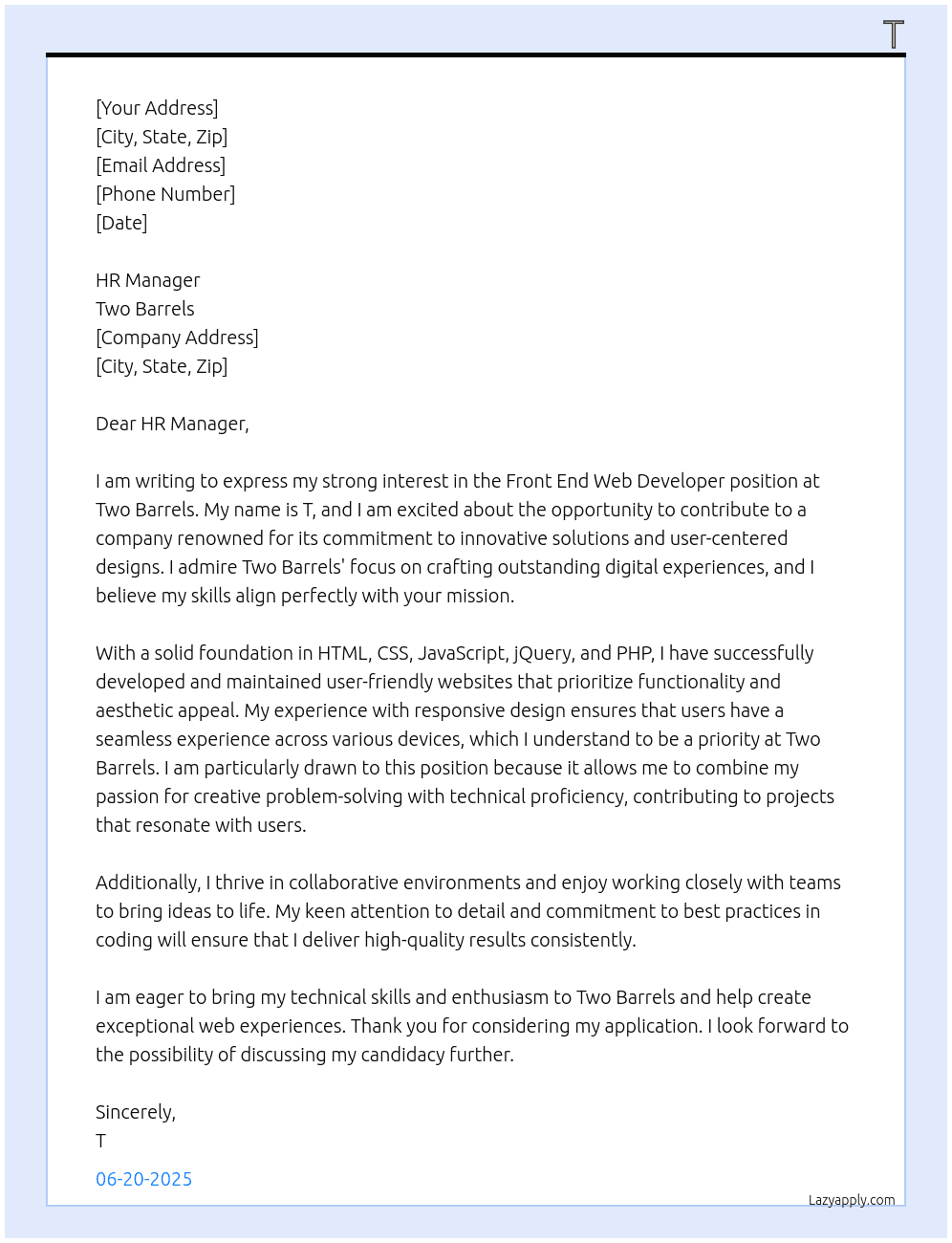 Front end web developer At Two Barrels Cover Letter