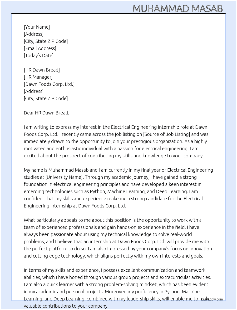 Electrical Engineer At Dawn Foods Corp. Ltd. Cover Letter