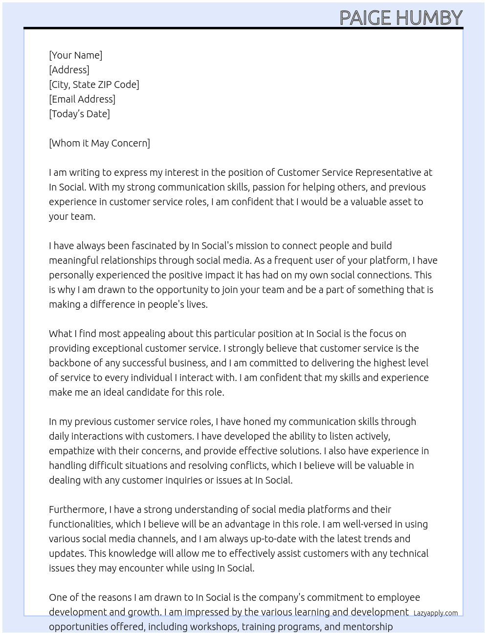 Customer Service Representative At In Social Cover Letter