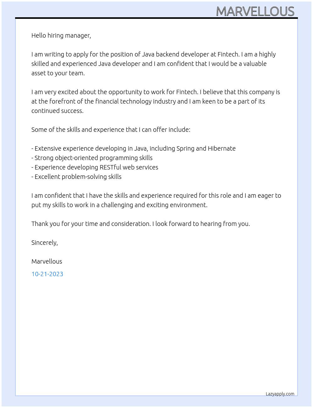 Java backend developer  At Fintech Cover Letter