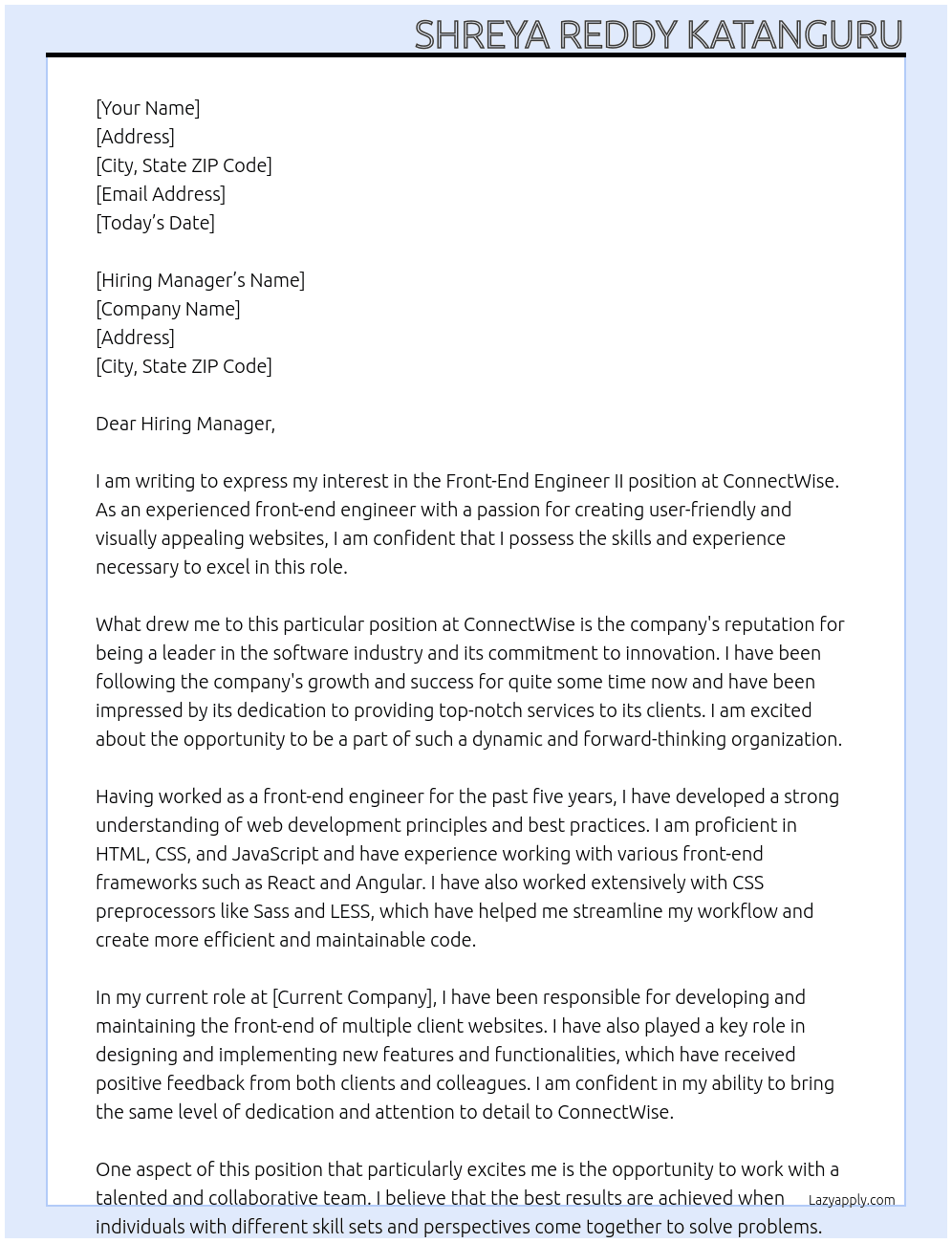 Front-End Engineer II' At ConnectWise Cover Letter