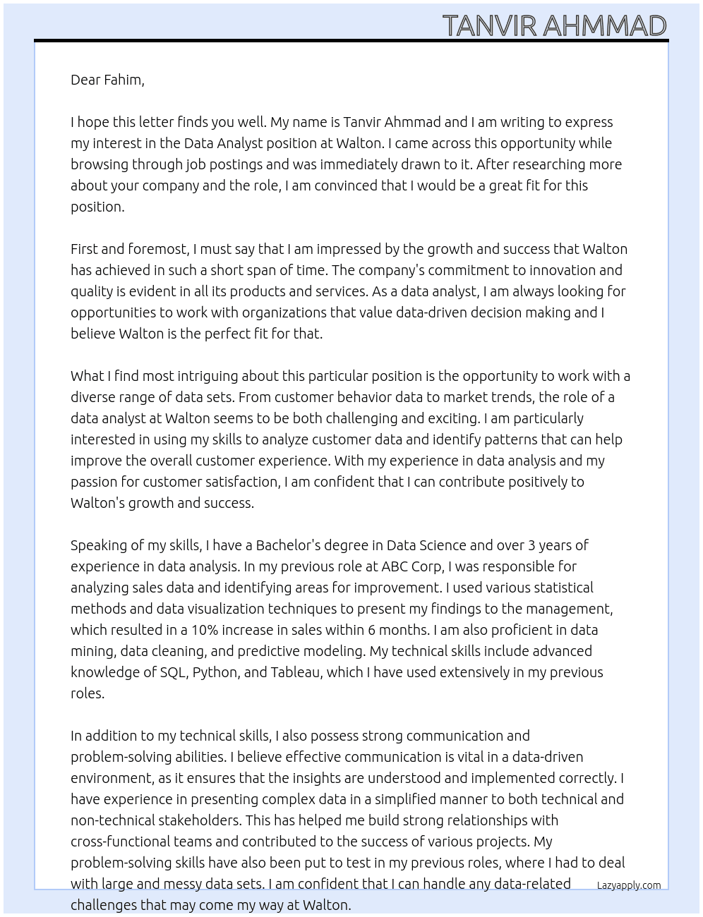 Data Analyst At walton Cover Letter