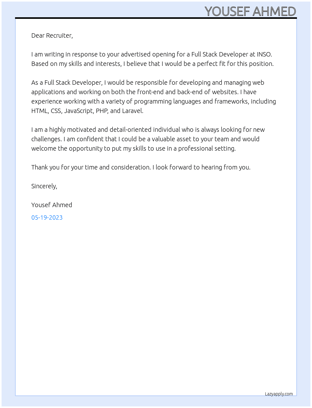 Full Stack Developer At INSO  Cover Letter