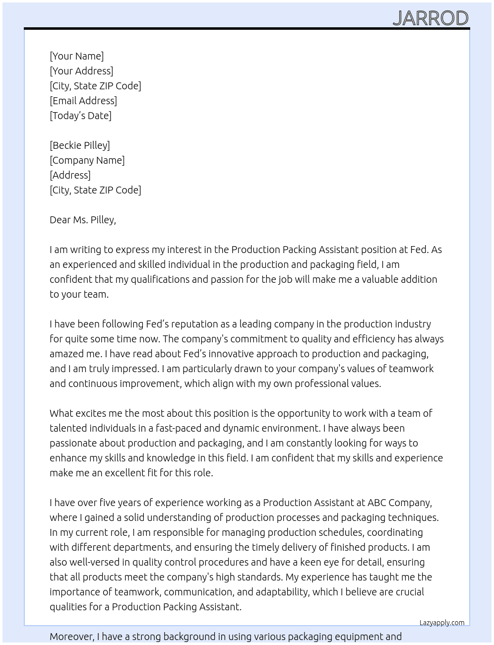 production packing assistant  At Fed Cover Letter