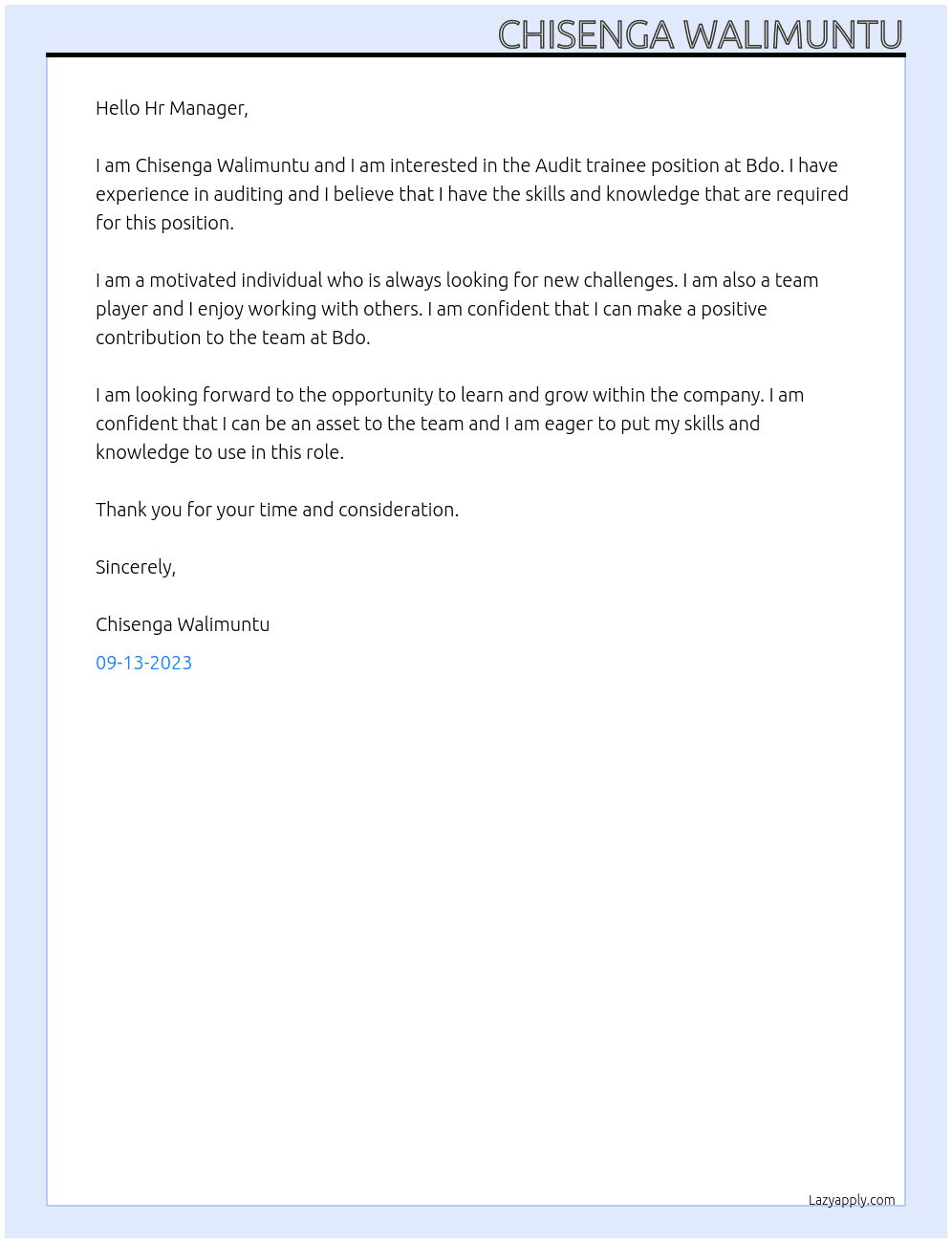 Audit trainee At Bdo Cover Letter