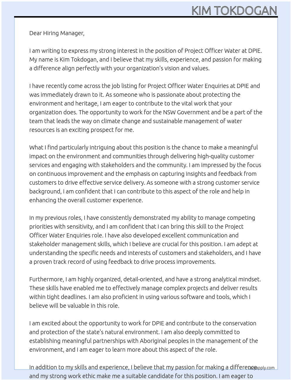 pROJECT oFFICER WATER At dpie Cover Letter