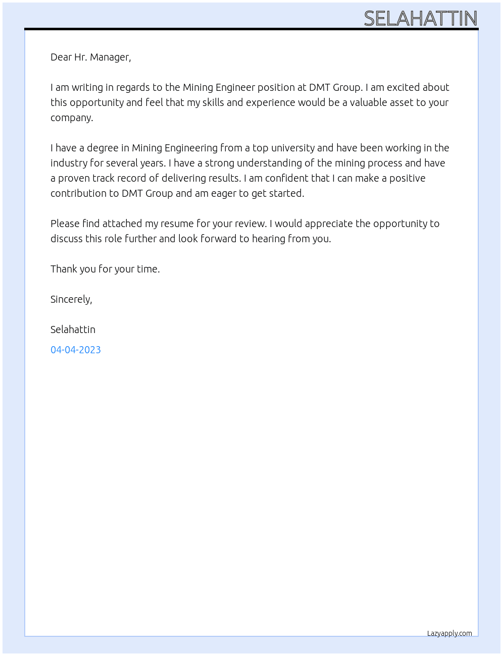 Mining Engineer At DMT Group Cover Letter