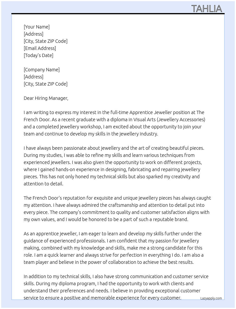 Apprentice jeweller At The French Door Cover Letter