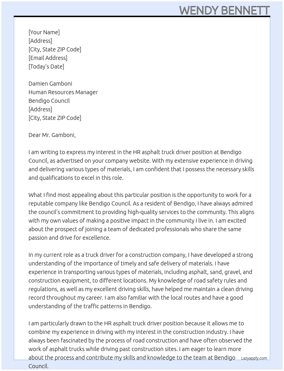 HR asphalt truck driver At Bendigo Council  Cover Letter