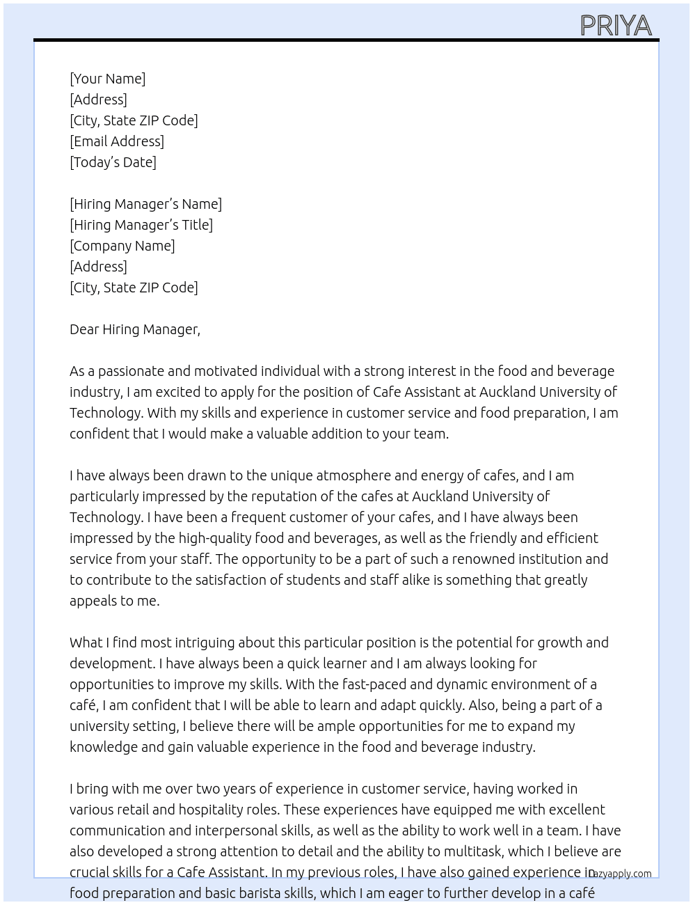 cafe assistant  At auckland university of technology Cover Letter