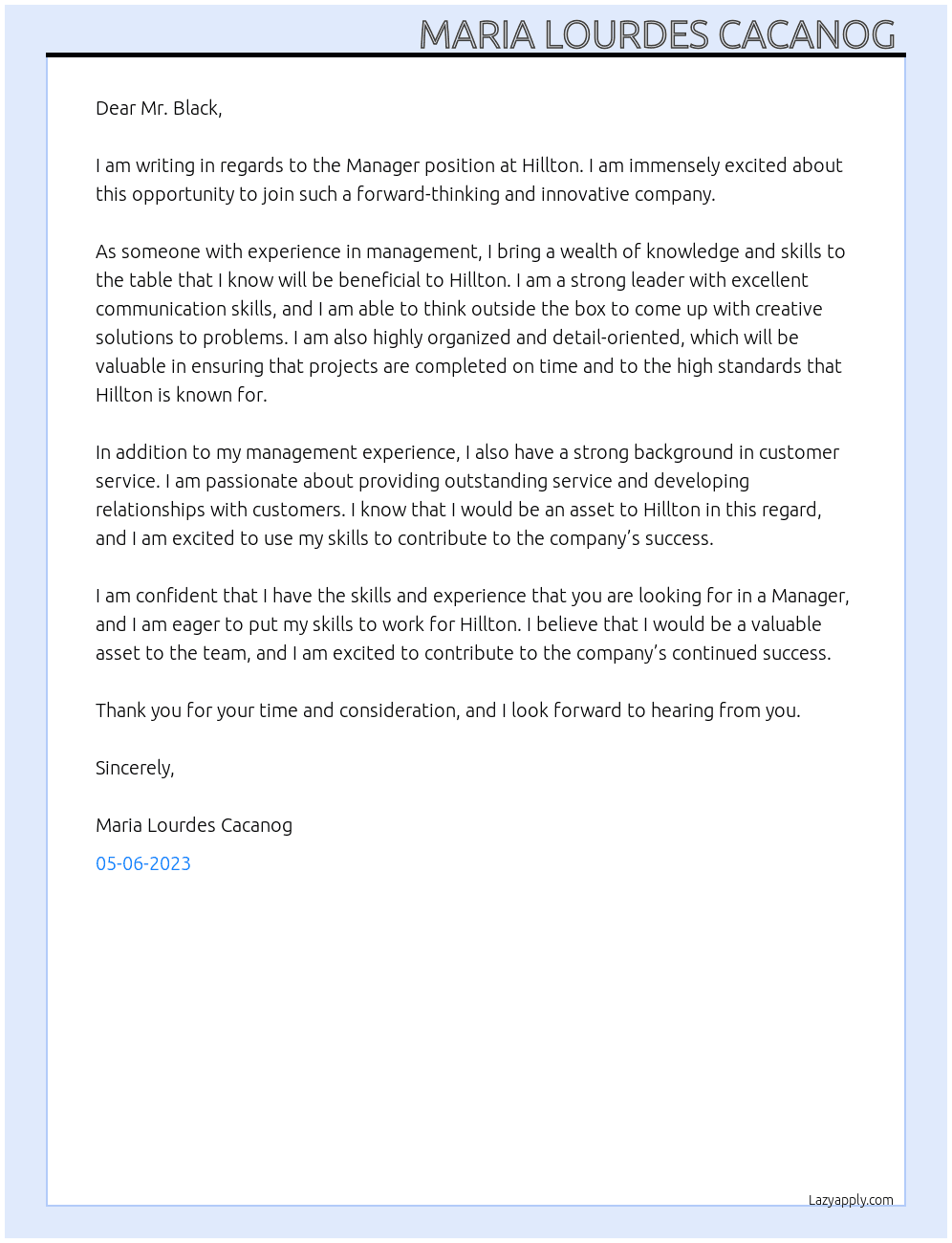 Manager At Hillton Cover Letter