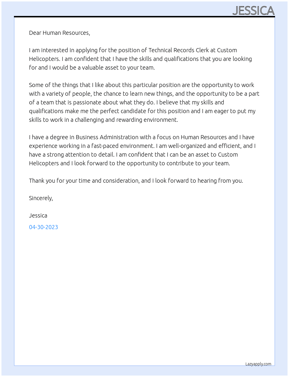Technical Records Clerk At Custom Helicopters Cover Letter