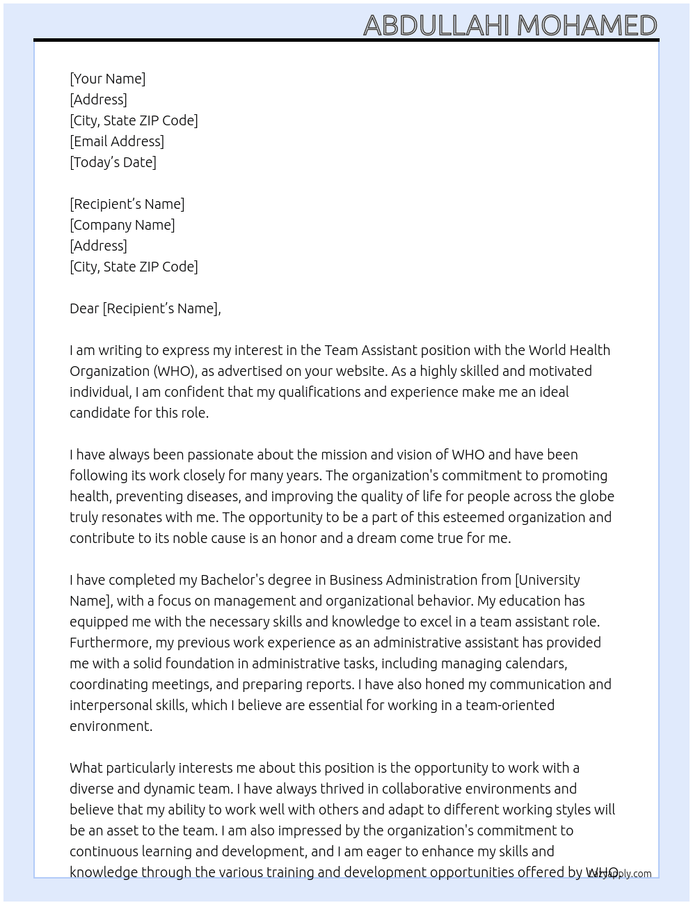 team assistant At World Health Organization (WHO) Cover Letter