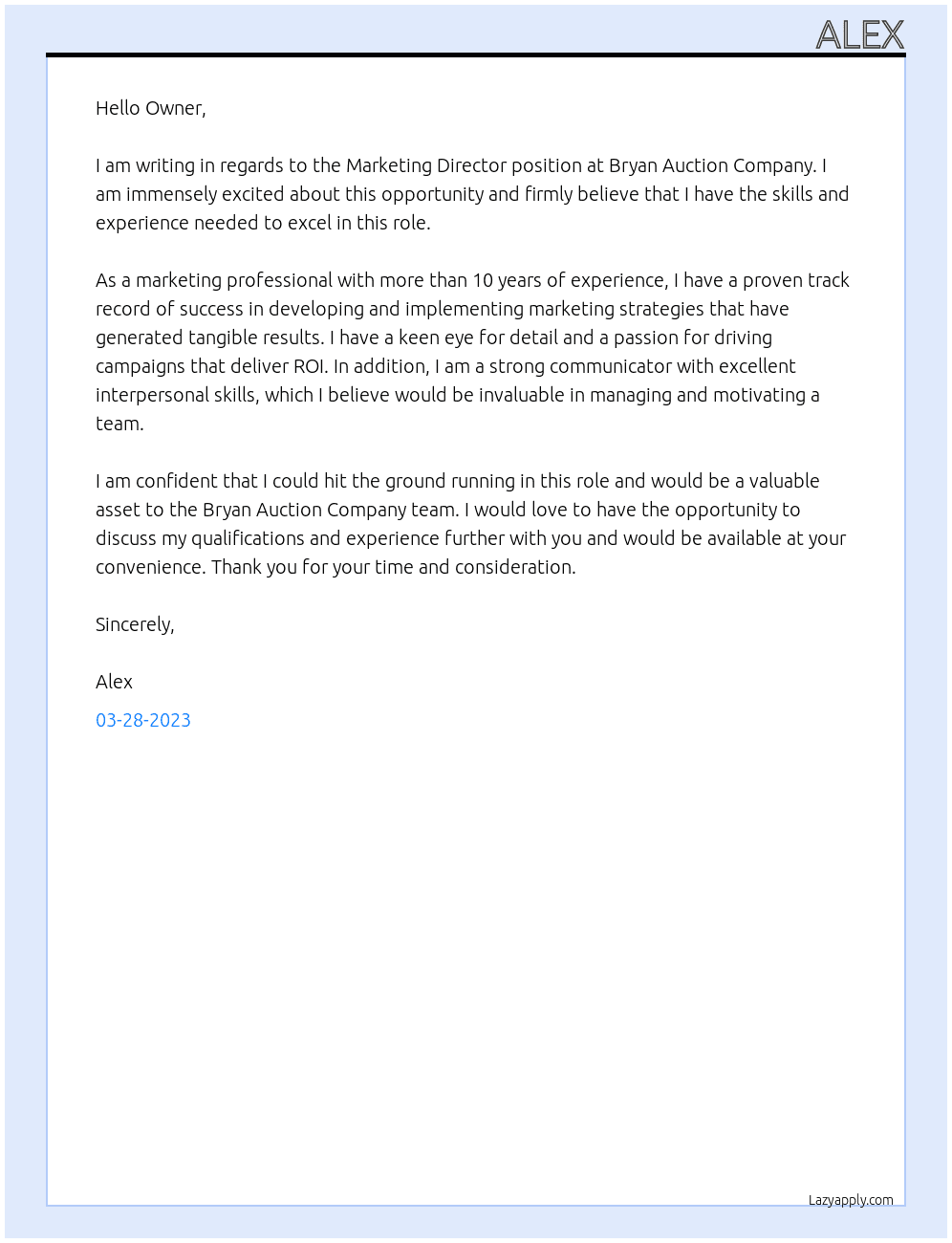 Marketing Director At Bryan Auction Company Cover Letter