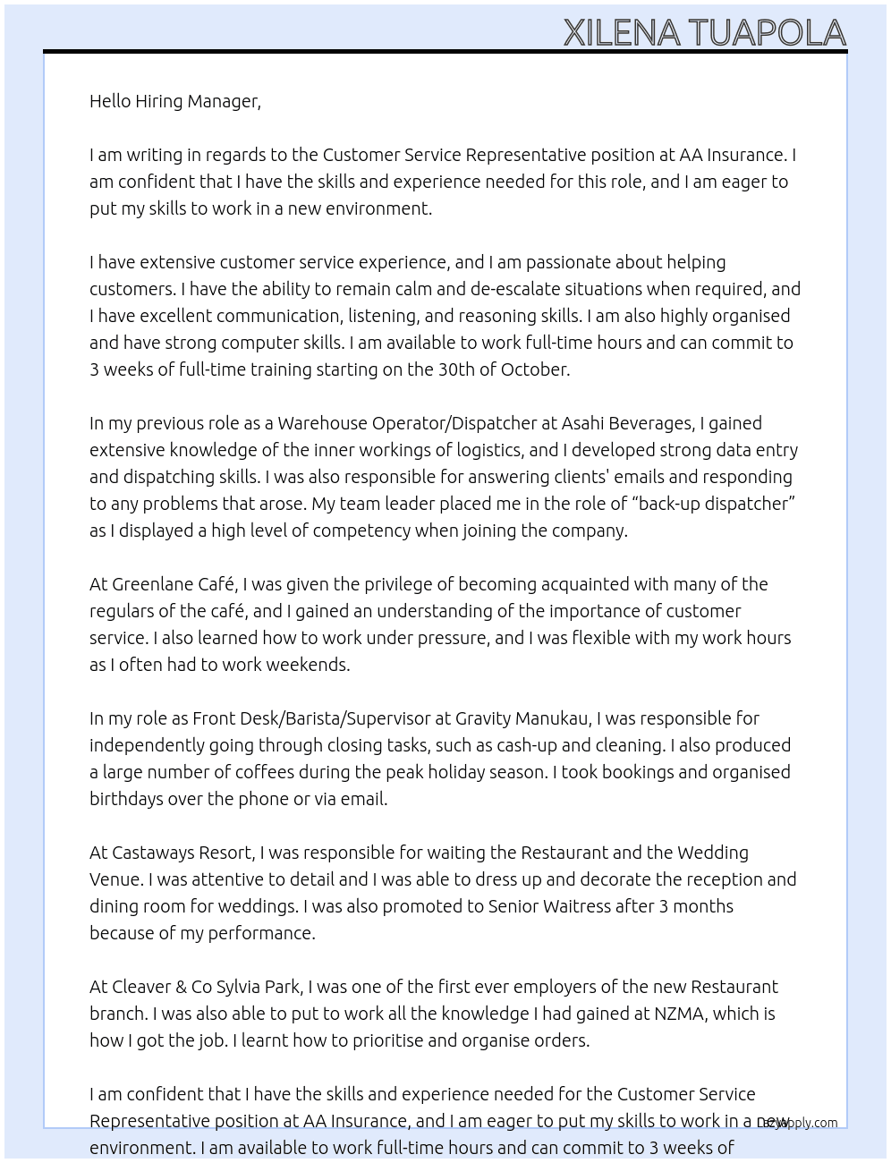 Customer Service Representative At AA Insurance Cover Letter