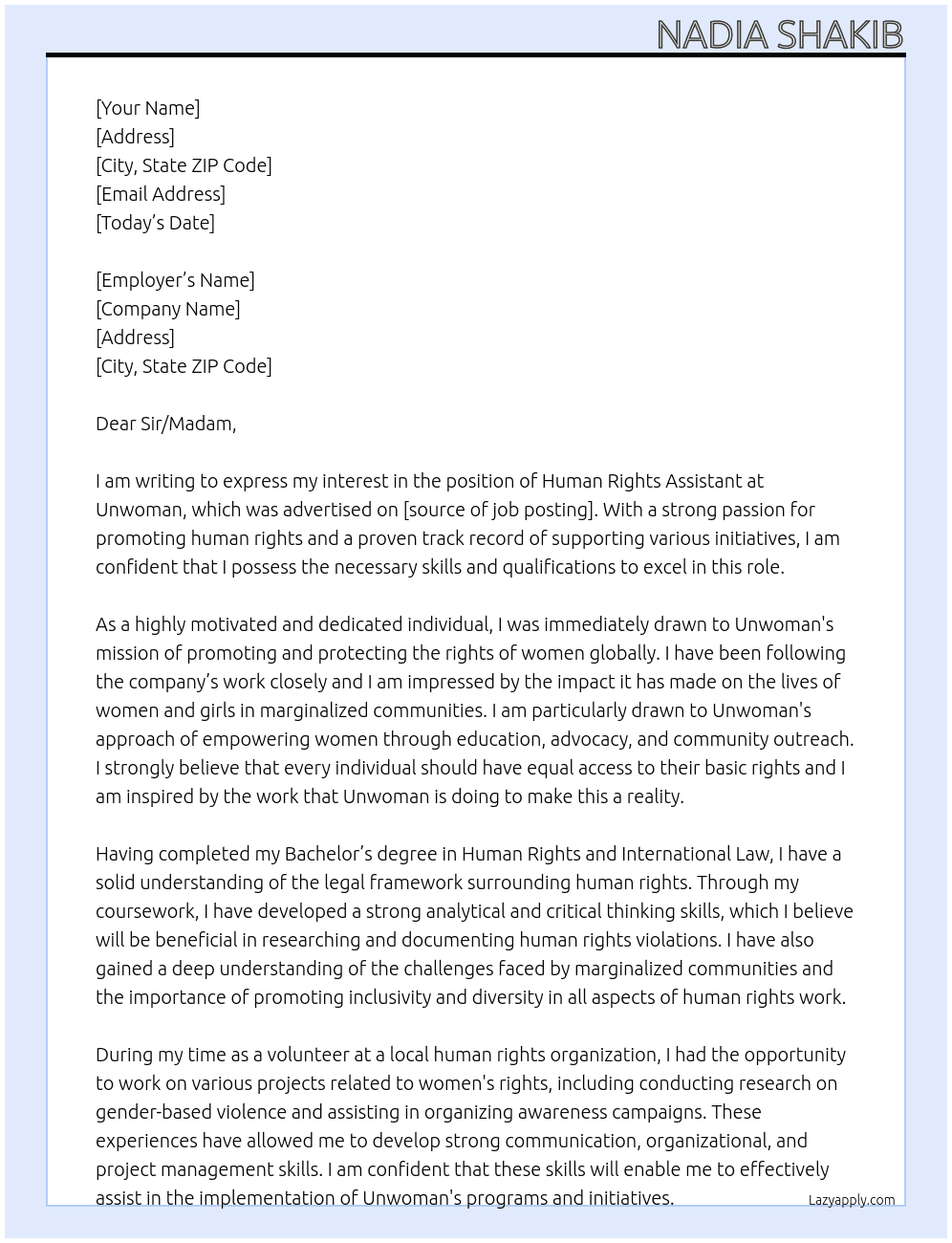 HUMAN RIGHTS ASSISTANT At Unwoman  Cover Letter