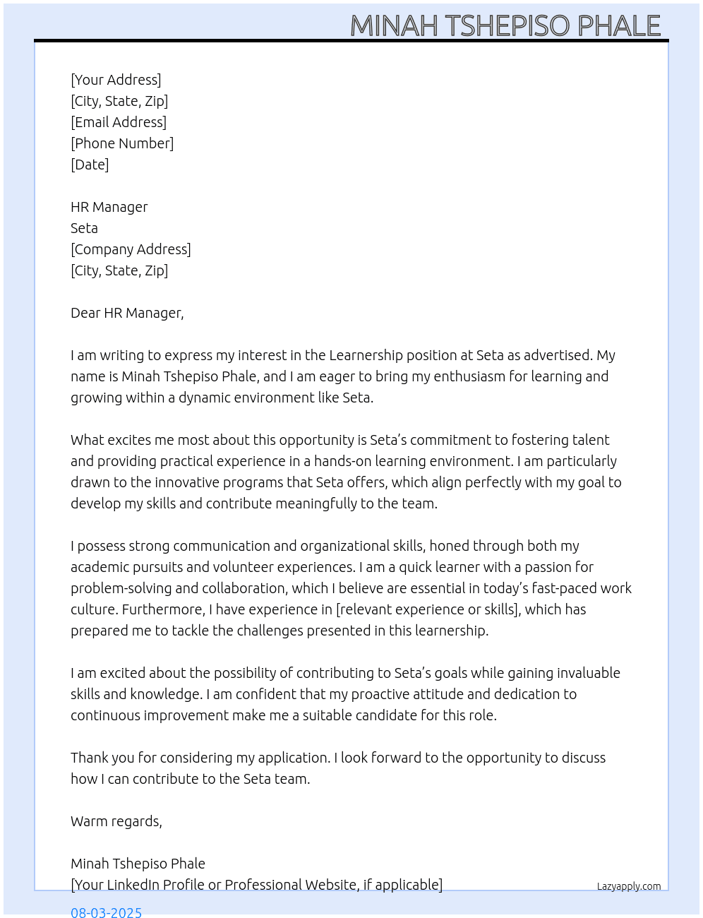 Learnership At Seta Cover Letter