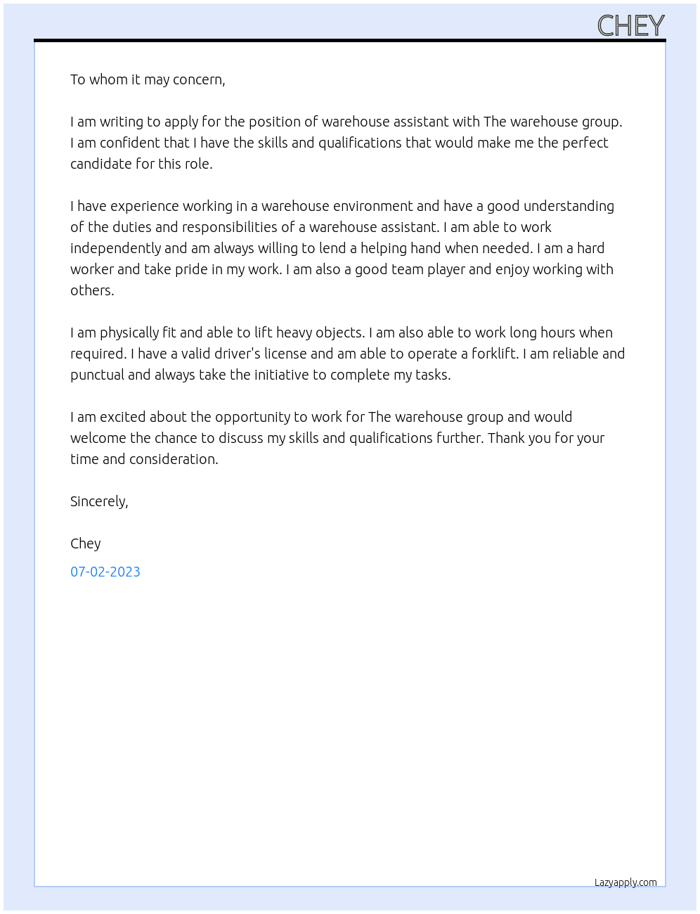 warehouse assistant At The warehouse group Cover Letter