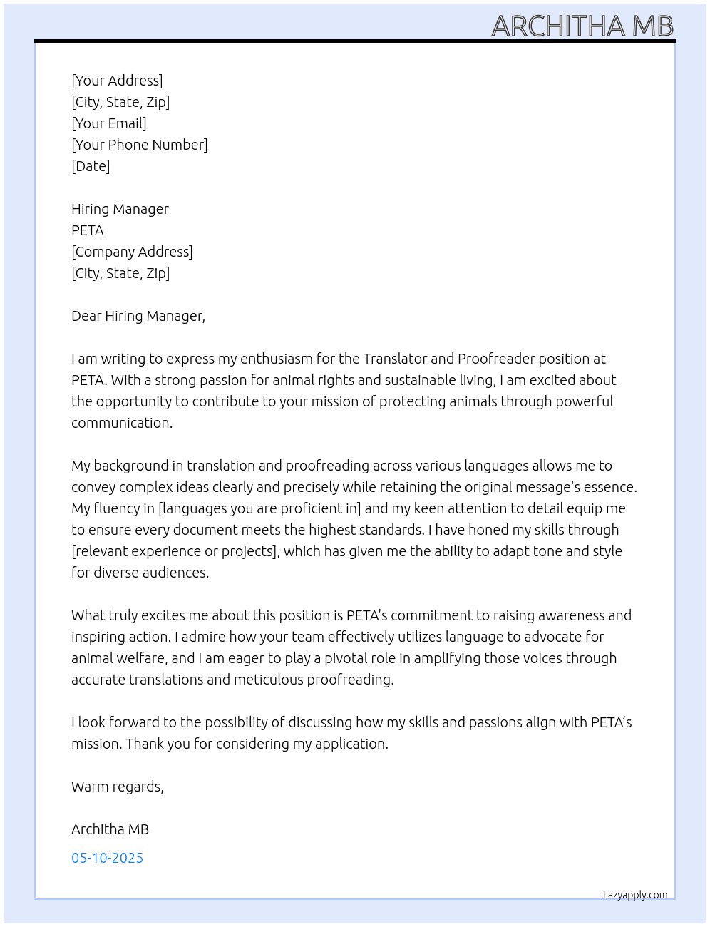 Translator and Proofreader At PETA Cover Letter