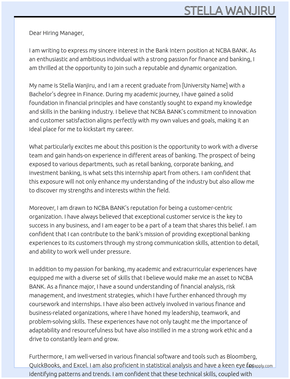 Cover letter for bank intern - LazyApply