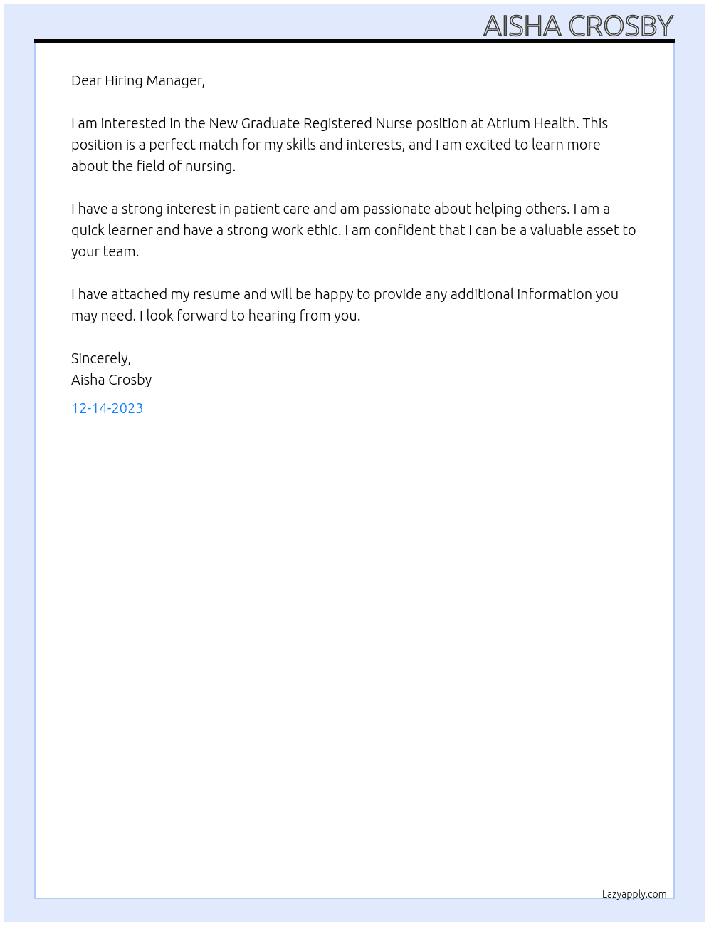 New Graduate Registered Nurse  At Atrium Health Cover Letter