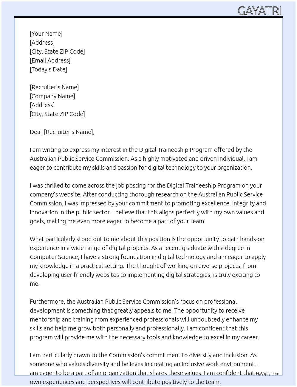 Digital Traineeship Program At Australian Public Service Commission Cover Letter