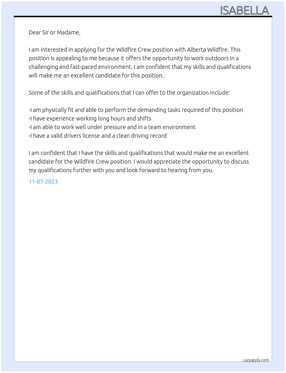 Wildfire Crew  At Alberta Wildfire  Cover Letter