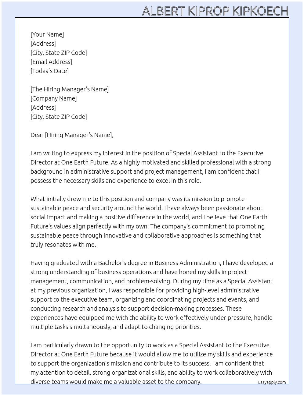 Special Assistant to the Executive Director  At One Earth Future  Cover Letter