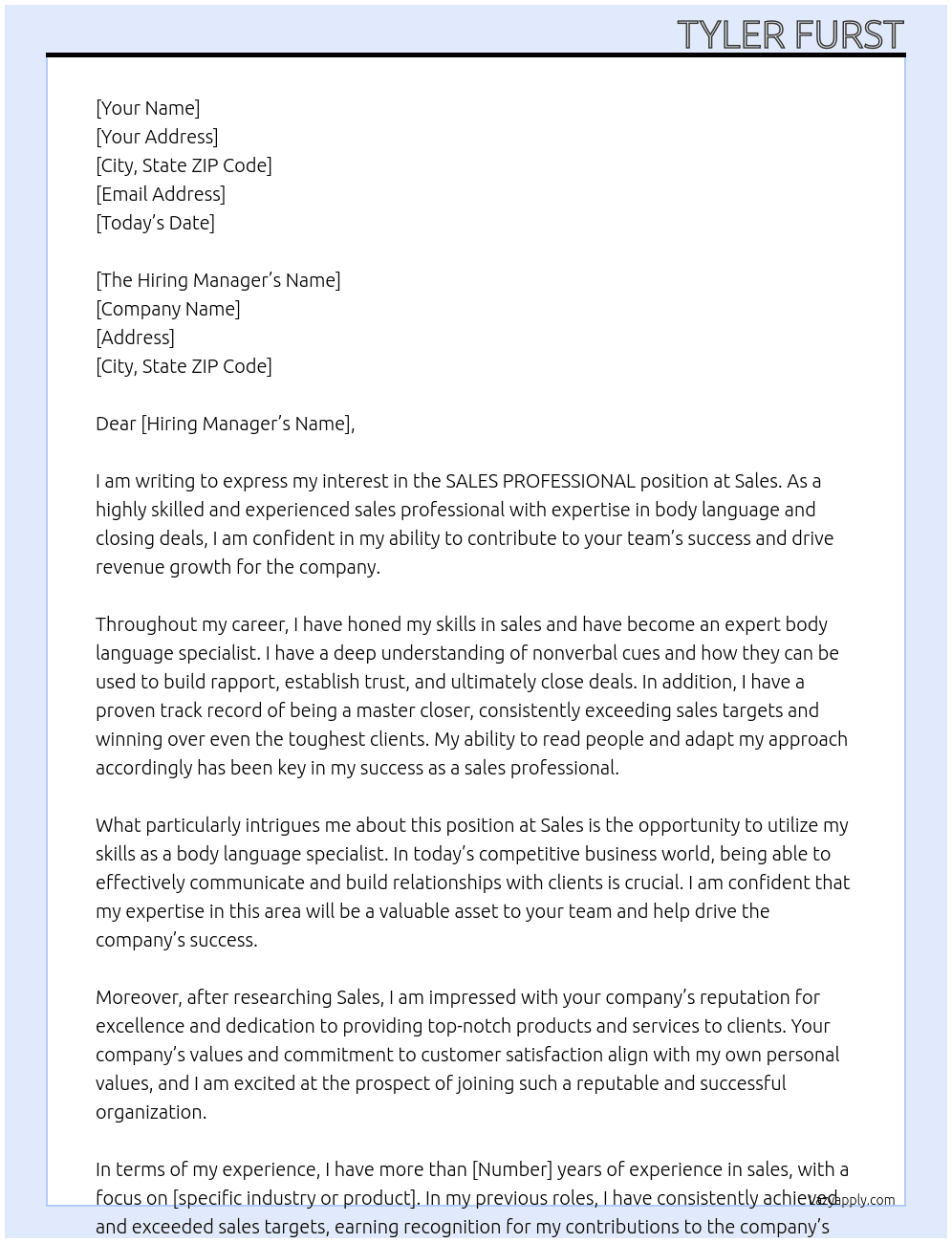 SALES PROFESSIONAL  At Sales Cover Letter