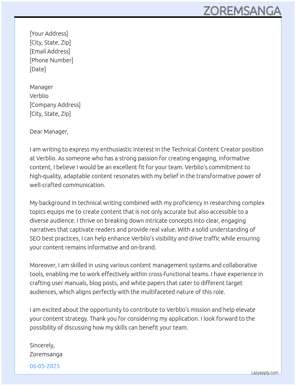 Technical Content Creator At Verblio Cover Letter