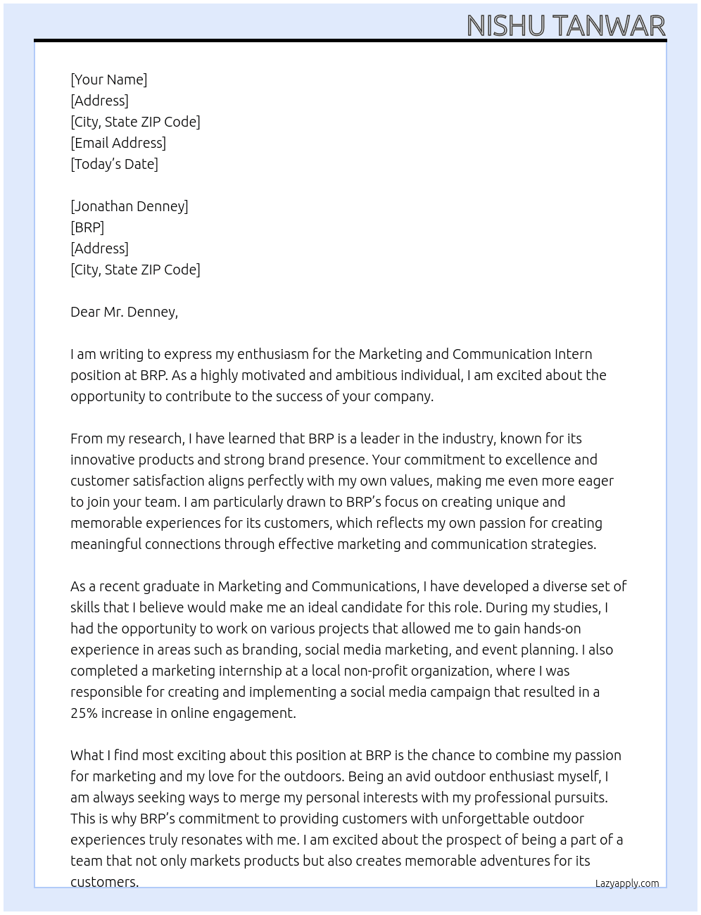 Marketing and Commuication Intern At BRP Cover Letter