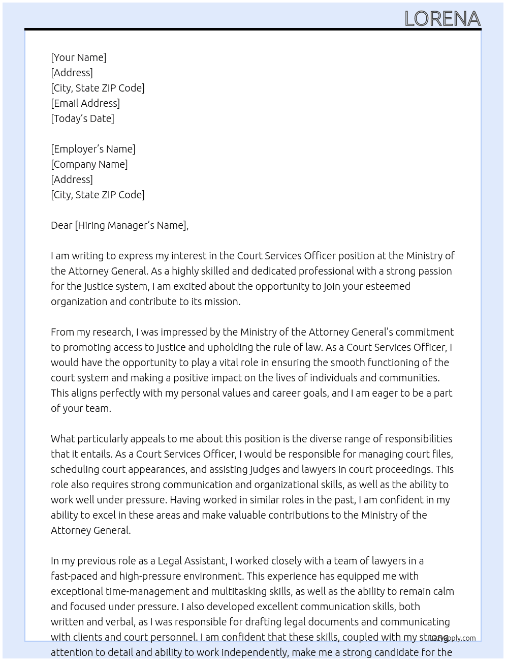 Court Services Officer  At Ministry of the Attorney General Cover Letter
