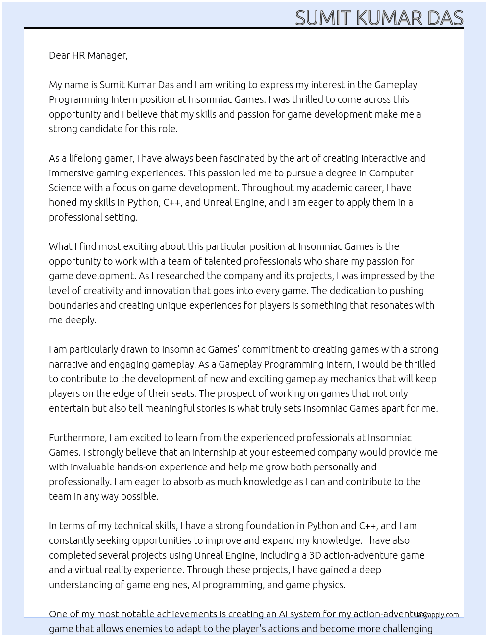 Gameplay Programming Intern At Insomniac Games Cover Letter