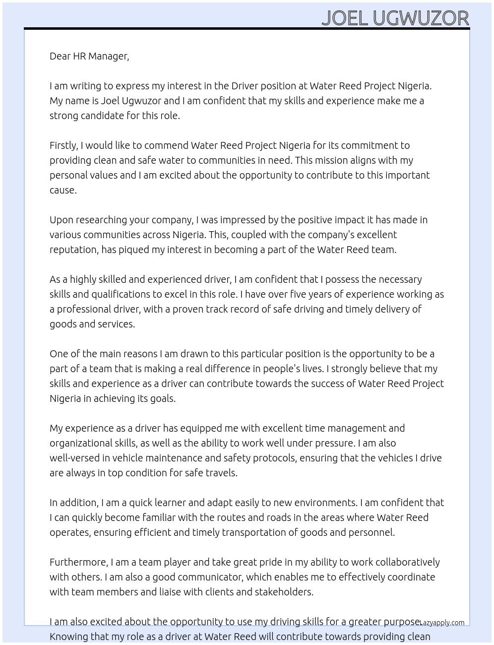 Driver At Water Reed Project Nigeria  Cover Letter