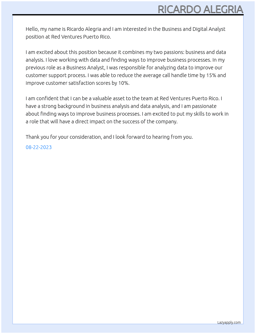 Business and Digital Analyst At Red Ventures Puerto Rico Cover Letter