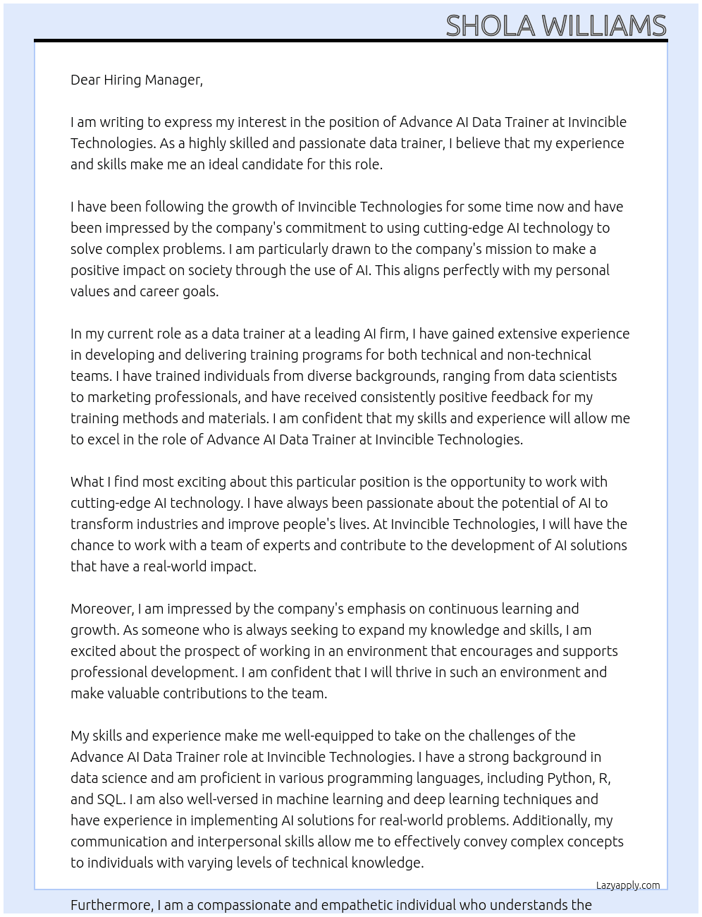Advance AI data trainer At Invicible Technologies Cover Letter