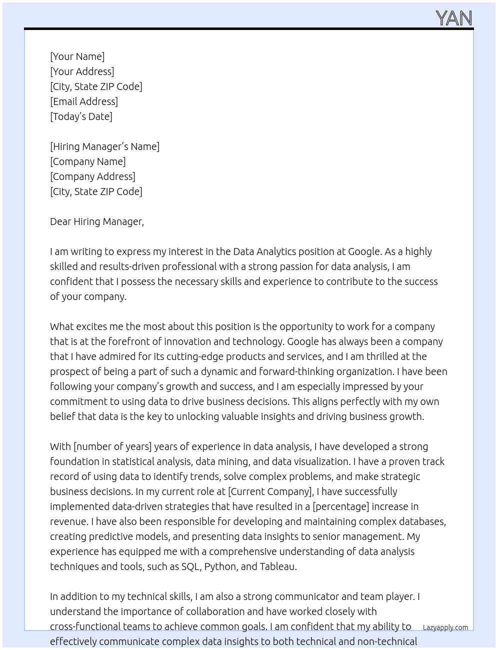 Data Analytic At Google Cover Letter