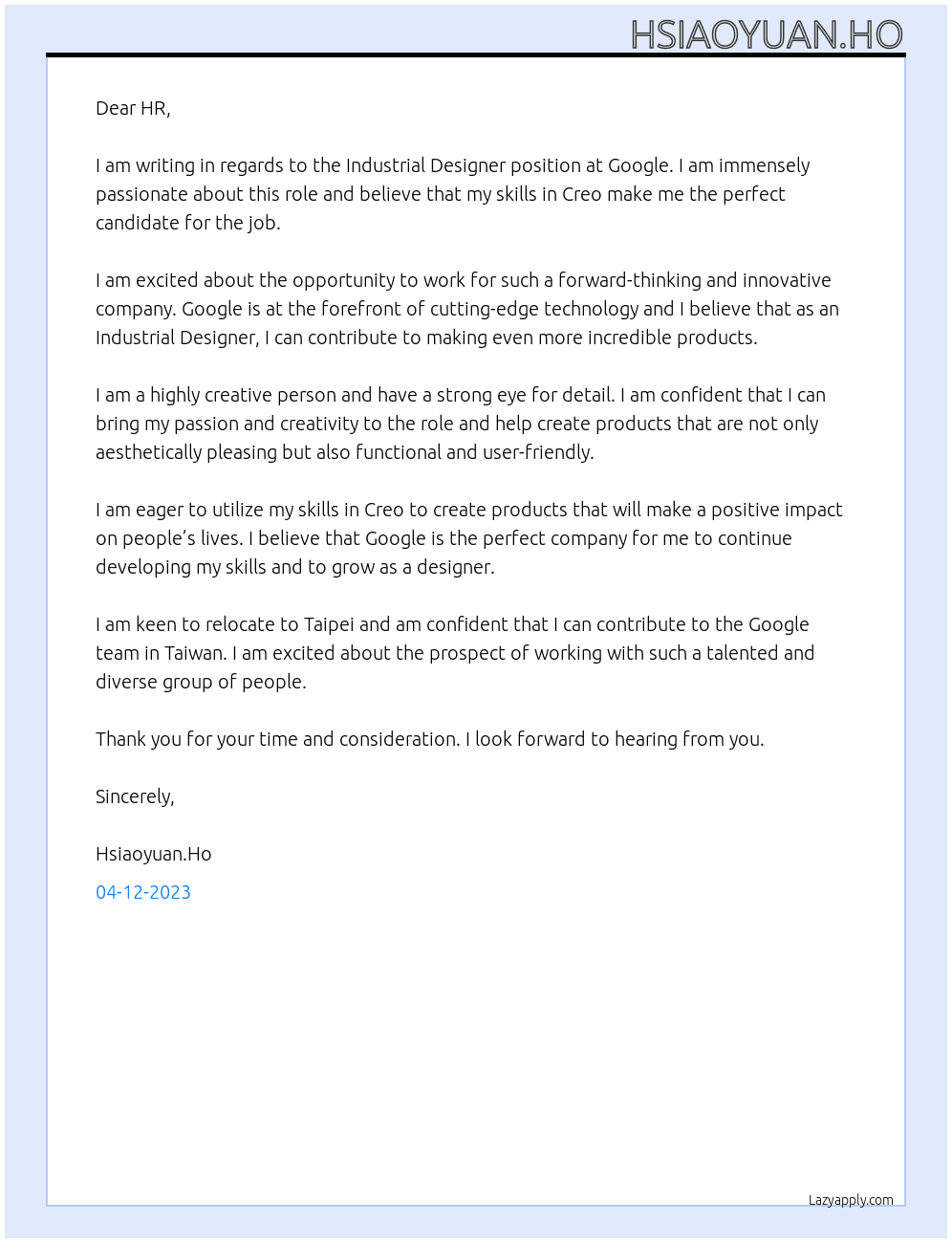 Industrial Designer At Google Cover Letter